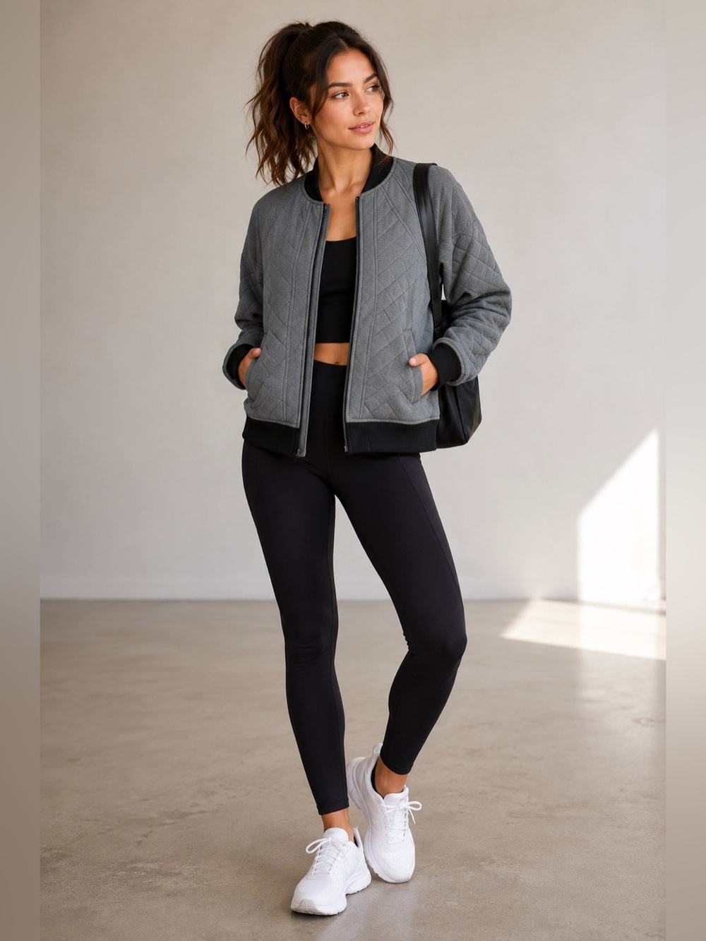 Athleta Quilted Infusion Bomber Jacket Womens Size XS Midweight Soft Gray